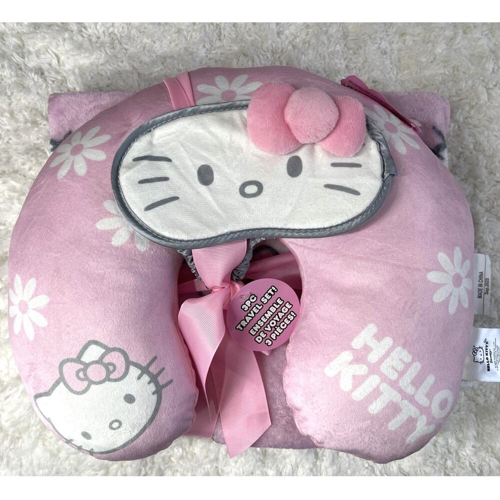 Hello Kitty Pink Travel Neck Pillow Soft Blanket Eye Mask Daisy Print 3pc Set